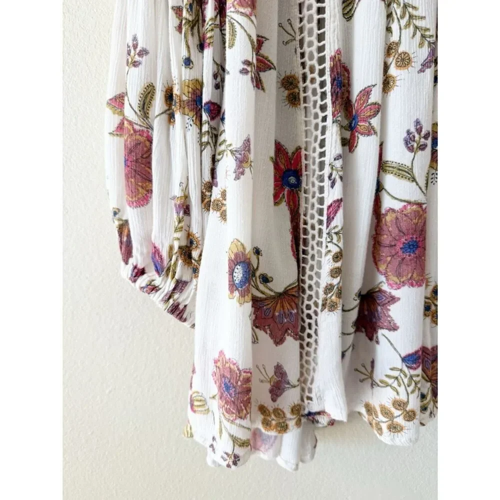 Free People Floral Crochet Trim Tunic Blouse Boho V Neck Bell Sleeve Top